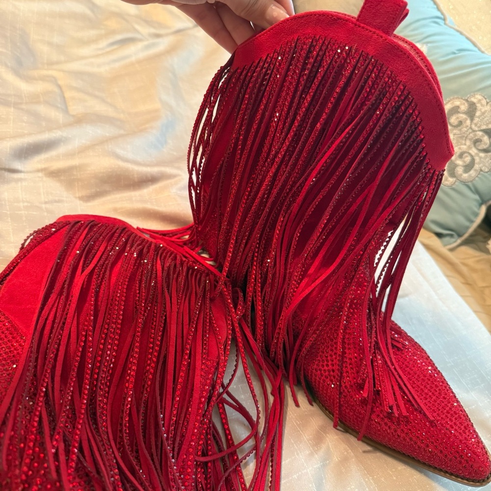 Red Fringe Women's Boots western sequence size 8 que piano zipper - Picture 3 of 8